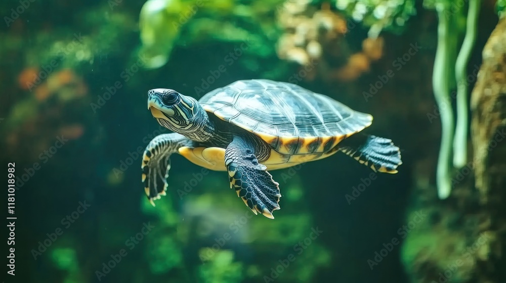 A turtle swimming gracefully in a clear aquarium environment. A turtle swimming gracefully in a clear aquarium environment.