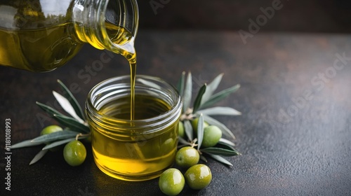Olive oil and pure quality, A glass jar filled with golden olive oil, with green olives and leaves nearby, highlighting freshness and culinary richness.