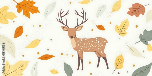 Autumn deer amidst falling leaves; seasonal design.