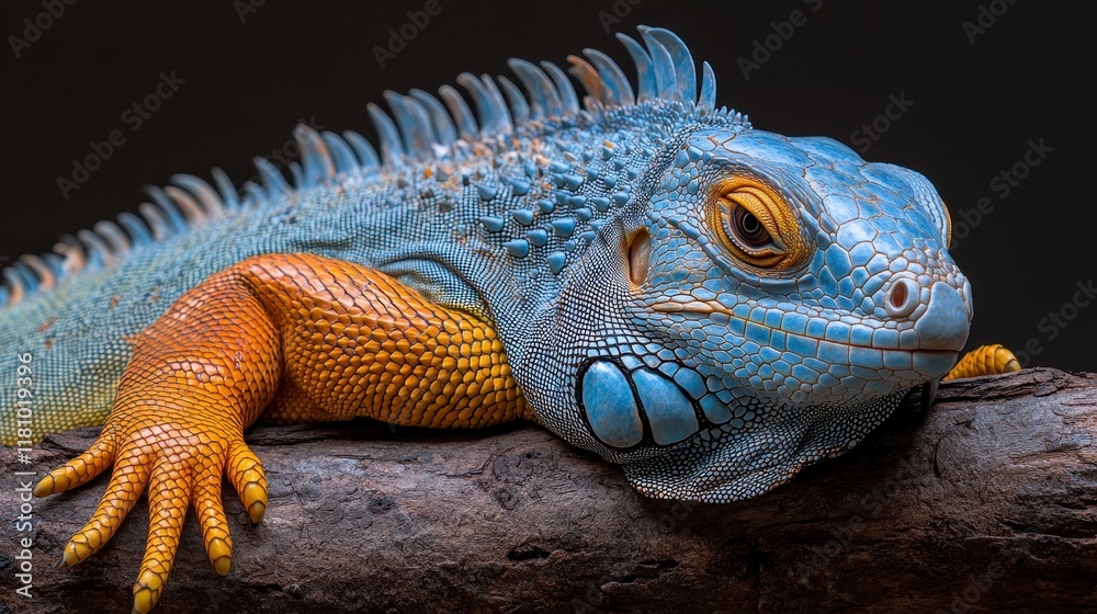Obraz premium Close-up of a blue and orange iguana resting on a branch against a dark background.