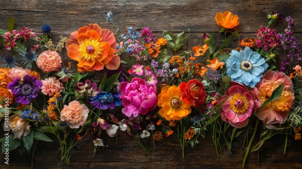 Fototapeta premium Colorful Artistic Flat Lay of Fresh Peonies and Various Vibrant Flowers on Wood Background