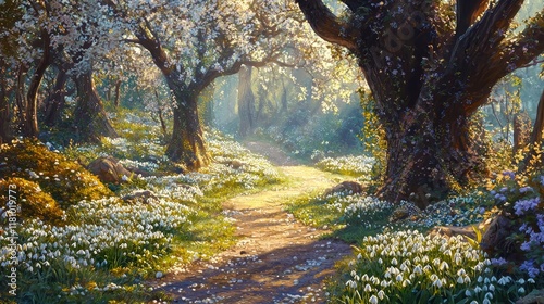 Enchanted Garden Path Lined with Snowdrops Surrounded by Blooming Trees