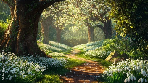 Enchanted Garden Path Lined with Snowdrops in a Sunlit Forest Clearing