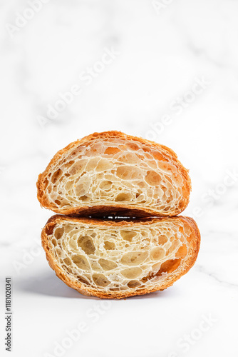 A croissant cut in half on white marble background