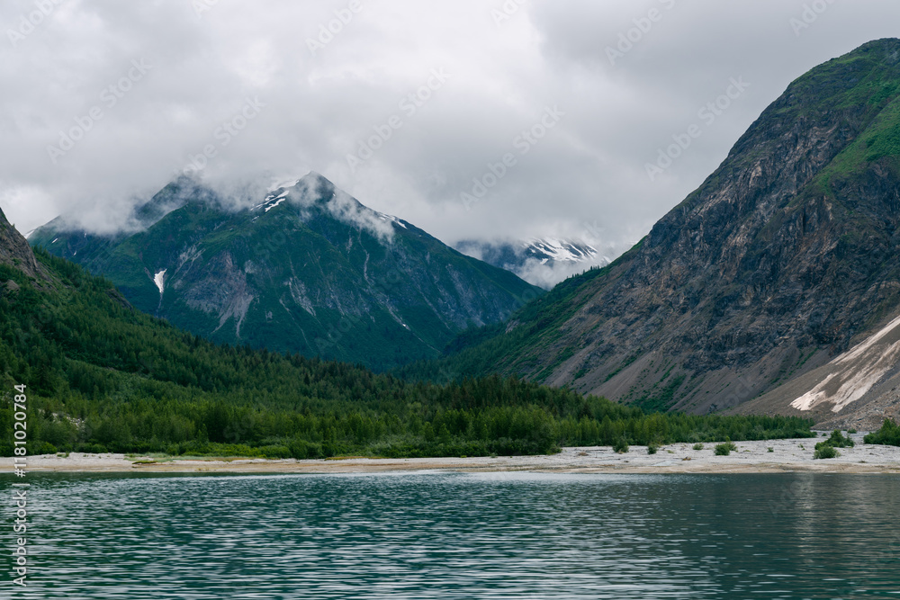 Shoreline and mountain views in Glacier Bay National Park in southeast Alaska