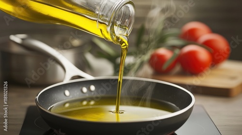 Olive oil and pure quality, A bottle of olive oil is being poured into a frying pan, with fresh tomatoes and herbs in the background, indicating a preparation for cooking.