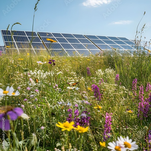 A photo of a solar farm surrounded by wildflowers and pollinators.