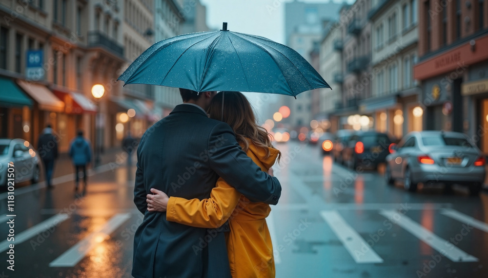 Obraz premium Couple embracing under umbrella on rainy street