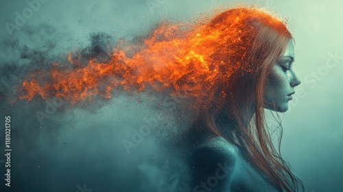 Surreal Woman Portrait with Fiery Hair and Ethereal Background photo