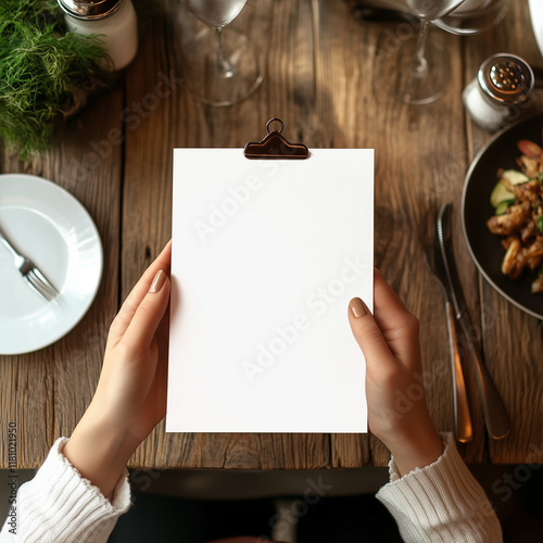 POV view, front views, blank menu, restaurant menu in the woman hands, mockup view, minimalist, 