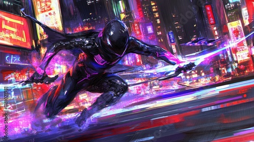 Futuristic ninja in neon cityscape action. photo