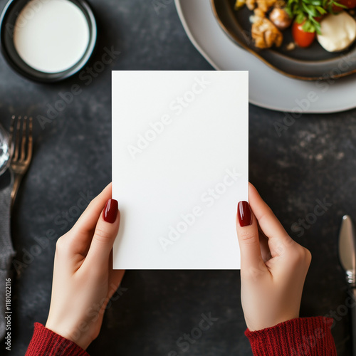 POV view, front views, blank menu, restaurant menu in the woman hands, mockup view, minimalist, 