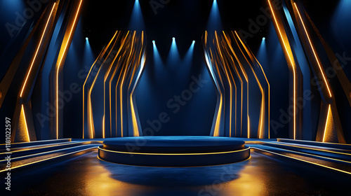 3D Illustration of Dark Blue Stage with Golden Spotlight Lines and Glitter Texture for Award Ceremony Design. photo