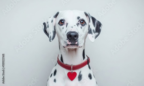 Cheerful Dalmatian Dog with red heart collar Portrait On Vibrant Pink Background