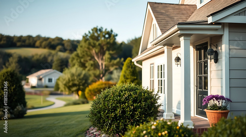 A light beige suburban house with a covered entryway and landscaping is shown, partially obscured by shrubs. In the background, a smaller house and rolling hills are visible under a clear sky.