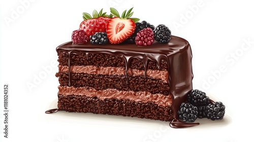 Chocolate Fudge Cake Topped with Strawberries and Blackberries on White Background. photo