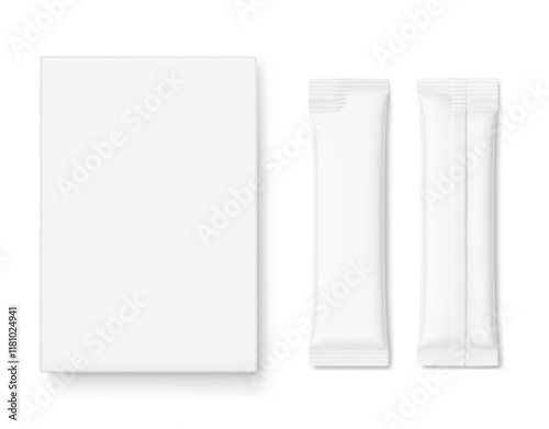 Blank package stick mockup with paperboard box mockup. Flat lay view. Vector illustration isolated on white background. Can be use for food, cosmetic, medicine and etc. EPS10.	