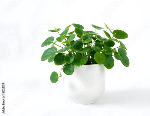 Sunlight Dappled Pilea Piperamides on Wooden Windowsill, Pilea Piperamides plant in a modern white pot