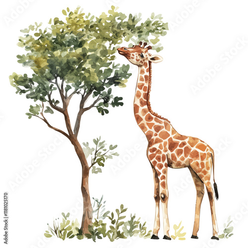 A watercolor drawing of a giraffe eating from a tall tree, isolated on a white background. Giraffe vector.
