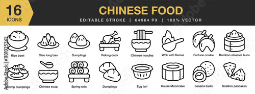 Chinese Food icon set. Editable Stroke Icon Collection. Includes Soup, Bowl, Chinese, Food, Kitchen, Meal, and More. Outline icons vector collection.