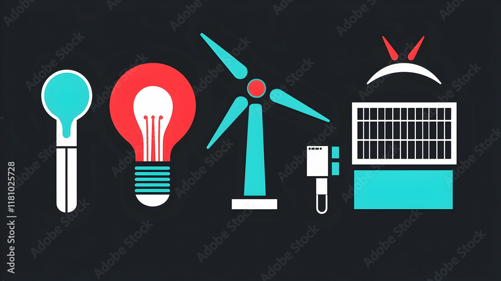 Fototapeta premium Sustainable energy icons; wind, solar, and lightbulb; dark background; infographic design.