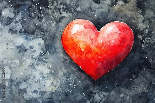 Heart Illustration in Red on Dark Black Watercolor Background