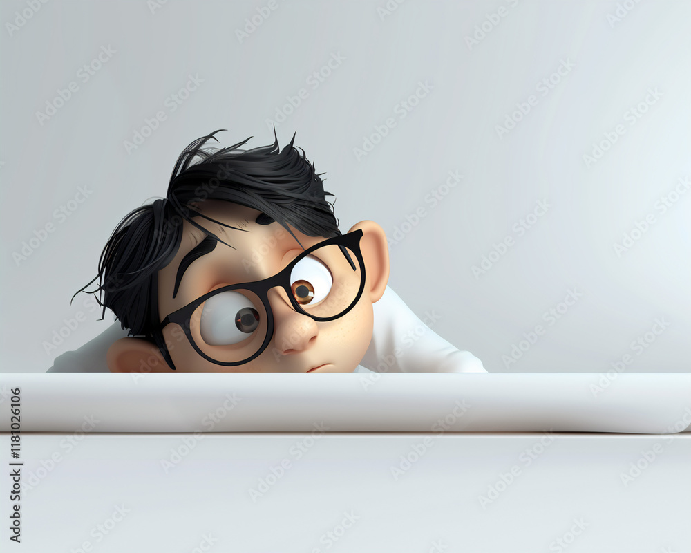 Curious Cartoon Character Peering Over a Desk - Cute 3D Illustration of Thoughtful Boy with Glasses Curious Cartoon Character Peering Over a Desk - Cute 3D Illustration of Thoughtful Boy with Glasses