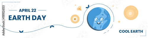 Earth Day banner design with cool smiley, globe, flower, and more. Vector illustration.