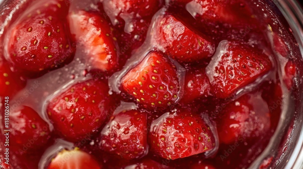 A close-up of fresh strawberries in syrup, showcasing their vibrant color. A close-up of fresh strawberries in syrup, showcasing their vibrant color.