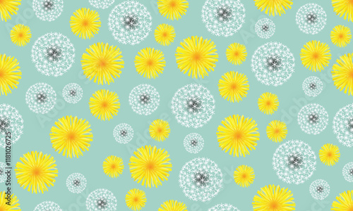 Dandelion delight. A cheerful and vibrant pattern of yellow dandelions in full bloom against a soft green bg.The bright yellow flowers and delicate white seeds create a cheerful and airy atmosphere.