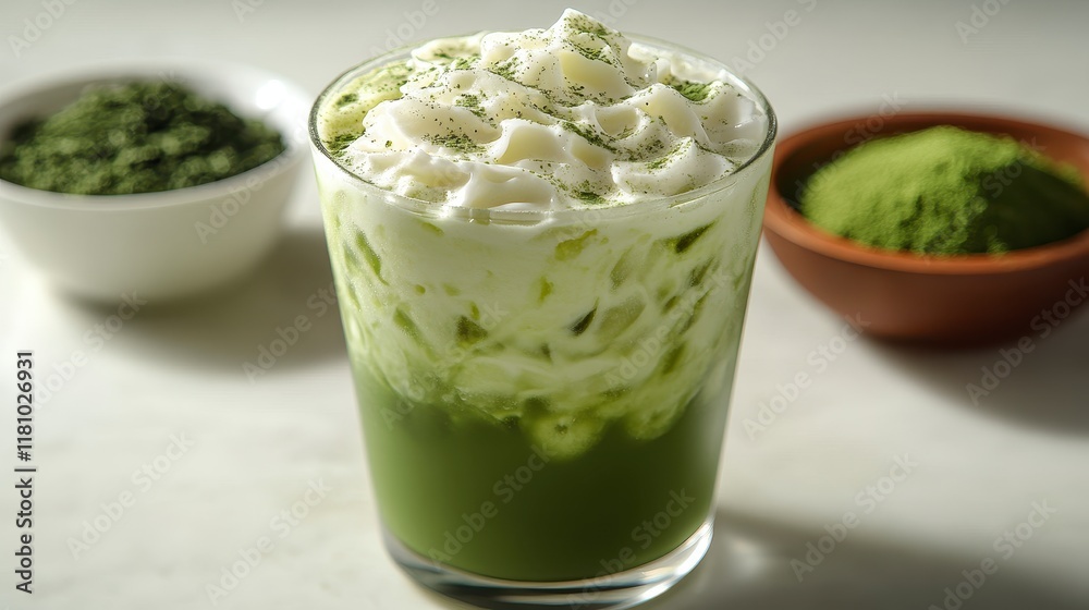 Iced matcha latte with whipped cream and matcha powder. Iced matcha latte with whipped cream and matcha powder.