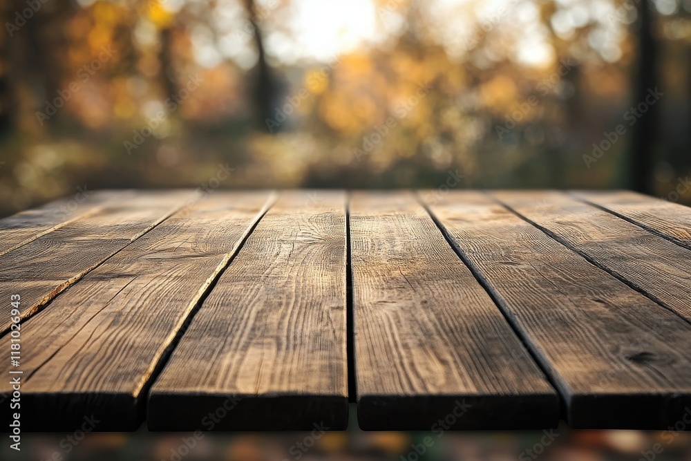 Autumn park wooden table, blurry background, product display Autumn park wooden table, blurry background, product display
