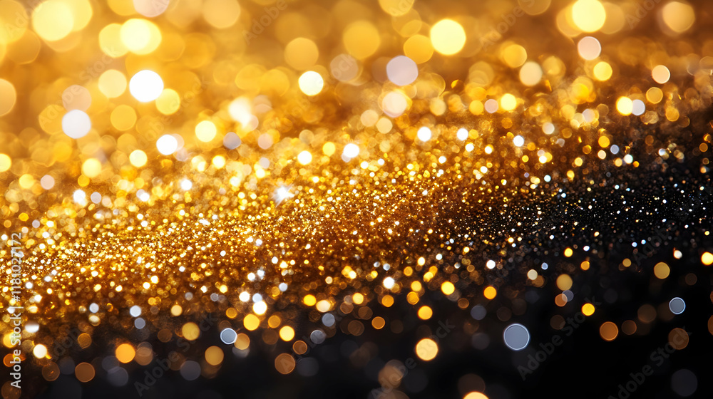 Golden Glitter Sparkles Shimmering on a Dark Background with Soft Focus Bokeh Effect Golden Glitter Sparkles Shimmering on a Dark Background with Soft Focus Bokeh Effect