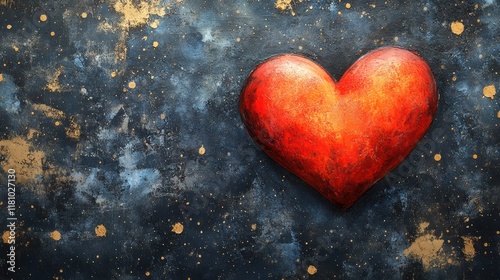 Red Heart on Black Background with Watercolor Texture and Gold Splashes