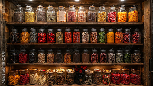 Fototapeta Naklejka Na Ścianę i Meble -  Wooden shelf with various spices and nuts in glass jars.