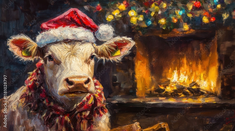 A Festive Cow by the Fireplace: Christmas Painting A Festive Cow by the Fireplace: Christmas Painting