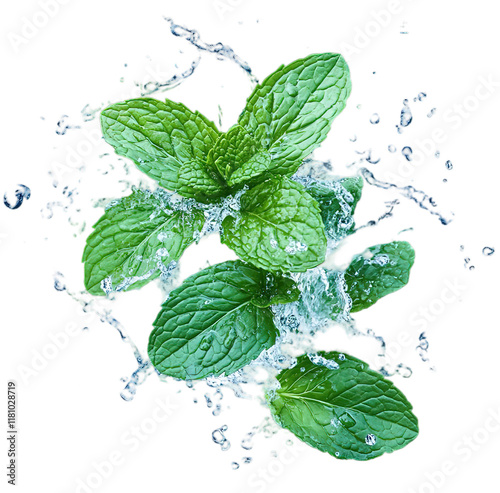 Fresh mint leaves with a dynamic water splash isolated