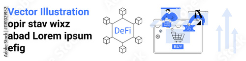 Blockchain hexagon labeled DeFi connects to shopping icons, digital payments, and online transactions, conveying decentralized finance. Ideal for fintech, e-commerce, blockchain, finance, digital