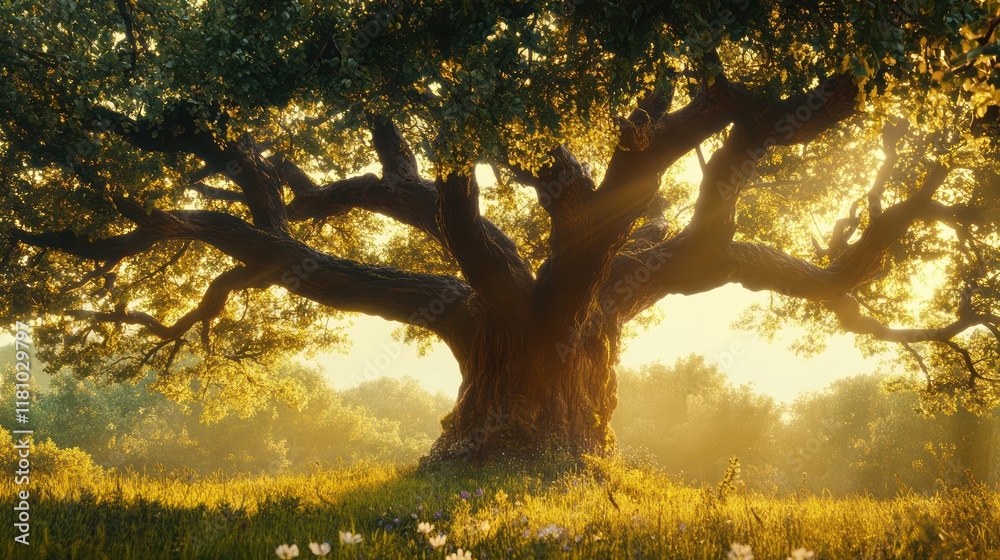 Oak Tree with Fresh Green Leaves and Wide-Reaching Branches, Standing Tall in a Peaceful Meadow Oak Tree with Fresh Green Leaves and Wide-Reaching Branches, Standing Tall in a Peaceful Meadow