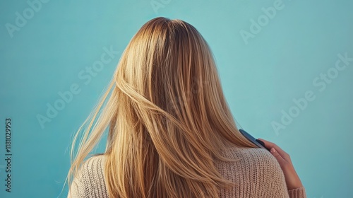 A woman with long, luscious blonde hair turns her back to the camera, showcasing the health and vitality of her tresses. The iron in her hand suggests that she is meticulously caring for