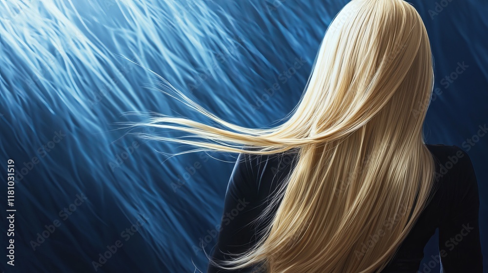 Naklejka premium A woman with long, luscious blonde hair turns her back to the camera, showcasing the health and vitality of her tresses. The iron in her hand suggests that she is meticulously caring for
