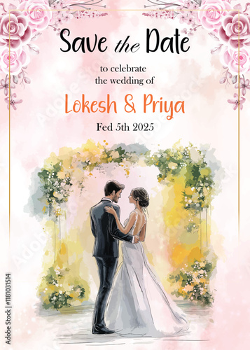 Modern Wedding Invitation Card Design with bride and groom 