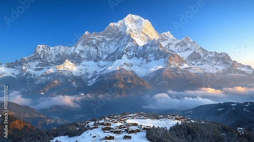 Majestic Snowy Mountain Landscape with Alpine Village photo