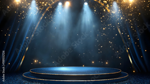 3D Illustration of Dark Blue Stage with Golden Spotlight Lines and Glitter Texture for Award Ceremony Design. photo