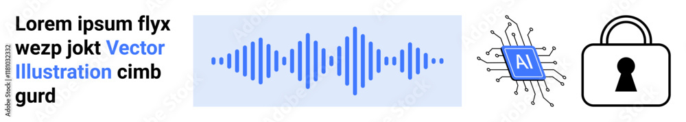 Text block with placeholder words, audio waveform, AI microchip, and padlock icon emphasizing security. Ideal for AI, cybersecurity, text analysis, audio tech, software development online security Text block with placeholder words, audio waveform, AI microchip, and padlock icon emphasizing security. Ideal for AI, cybersecurity, text analysis, audio tech, software development online security
