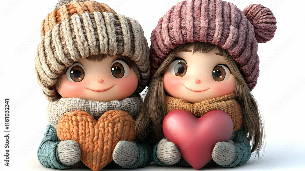 3D Cute Couple Holding Knitted and Smooth Hearts, Wearing Winter Clothes Affectionately 3D Cute Couple Holding Knitted and Smooth Hearts, Wearing Winter Clothes Affectionately