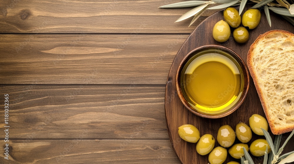 Olive oil and pure quality, A rustic wooden board features a bowl of olive oil, fresh olives, and slices of bread, creating a simple yet appetizing Mediterranean theme. Olive oil and pure quality, A rustic wooden board features a bowl of olive oil, fresh olives, and slices of bread, creating a simple yet appetizing Mediterranean theme.