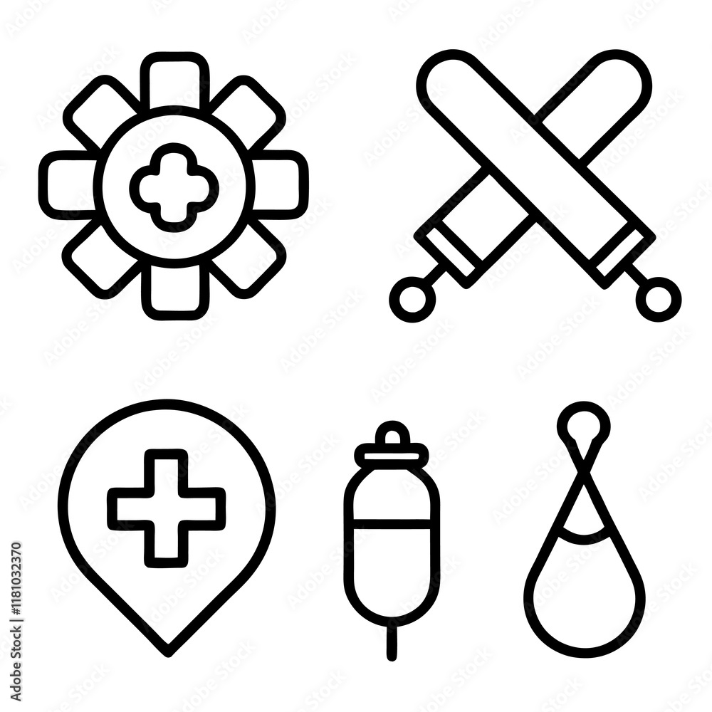 Obraz premium set of medical equipment (heart,bag,medical icon, injection, heart signal, medicine bottle) icon line art vector illustration on white background.
