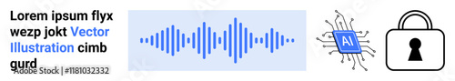 Text block with placeholder words, audio waveform, AI microchip, and padlock icon emphasizing security. Ideal for AI, cybersecurity, text analysis, audio tech, software development online security
