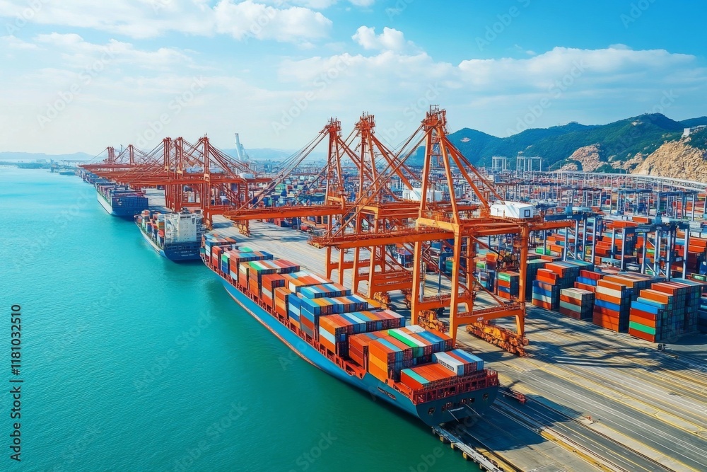 Naklejka premium Dynamic scenes of maritime transport at a container terminal illustrating economic connectivity.